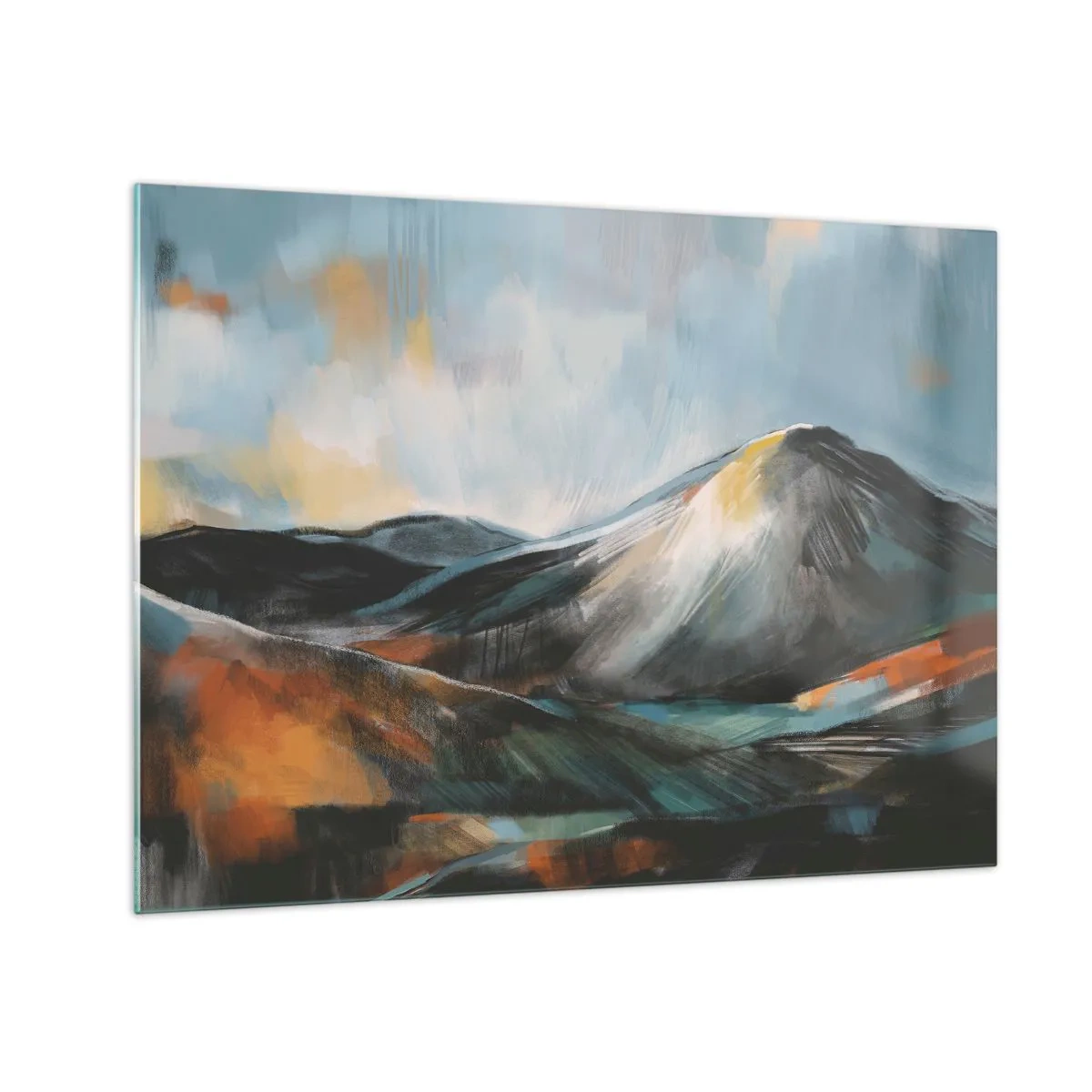 Obraz na szkle - Malarski pejzaż górski w ciepłych i chłodnych barwach - 70x50cm - Surowe i piękne - Nowoczesna dekoracja ścienna do salonu i sypialni ARTTOR