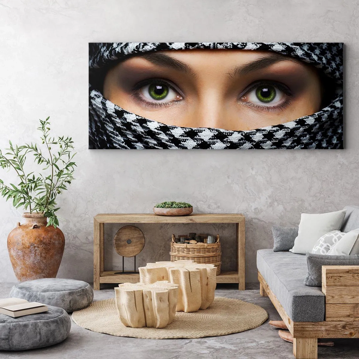 Obraz na płótnie - Portret zakwefionej zielonookiej piękności - 90x30 cm