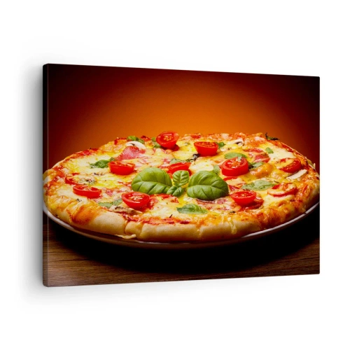 Obraz na płótnie - Pizza z pomidorami i bazylią na drewnianym stole - 70x50cm - Mamma mia! - Nowoczesna dekoracja ścienna do salonu i sypialni ARTTOR