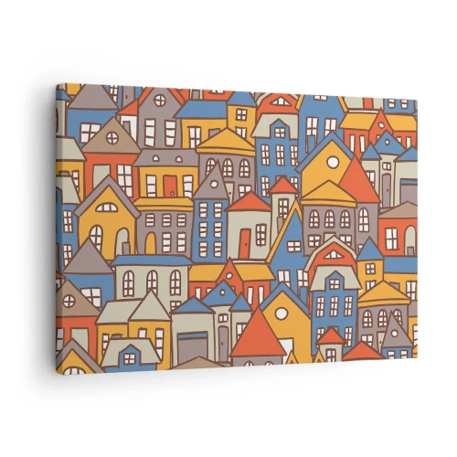 Obraz na płótnie - Kolorowe domki w stylu graficznym na jasnym tle - 70x50cm - Za domem dom - Nowoczesna dekoracja ścienna do salonu i sypialni ARTTOR
