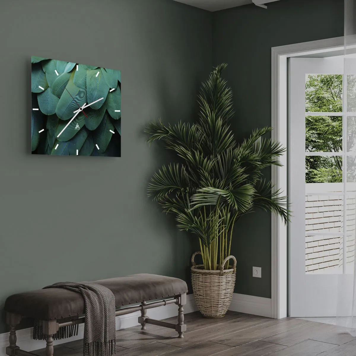 Zegar ścienny - Detal piór w odcieniach zieleni - 30x30cm - Precyzja papuziej natury - Nowoczesna dekoracja ścienna do salonu i sypialni ARTTOR