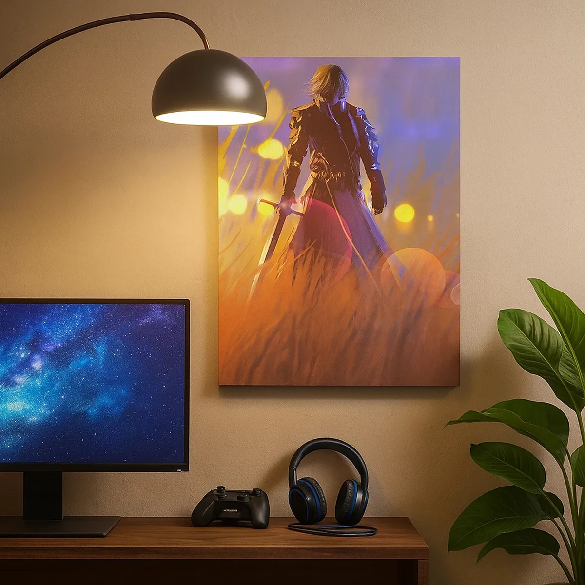 Obraz na płótnie - Wojownik z mieczem stojący wśród traw o zachodzie słońca - 50x70cm - Błędny rycerz - Nowoczesna dekoracja ścienna do salonu, kuchni i sypialni ARTTOR