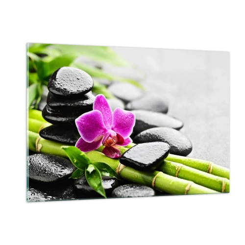 Obraz na szkle - Orchidea, czarne kamienie i bambus w spokojnej aranżacji - 120x80cm - W spokojnej równowadze - Nowoczesna dekoracja ścienna do salonu, kuchni i sypialni ARTTOR