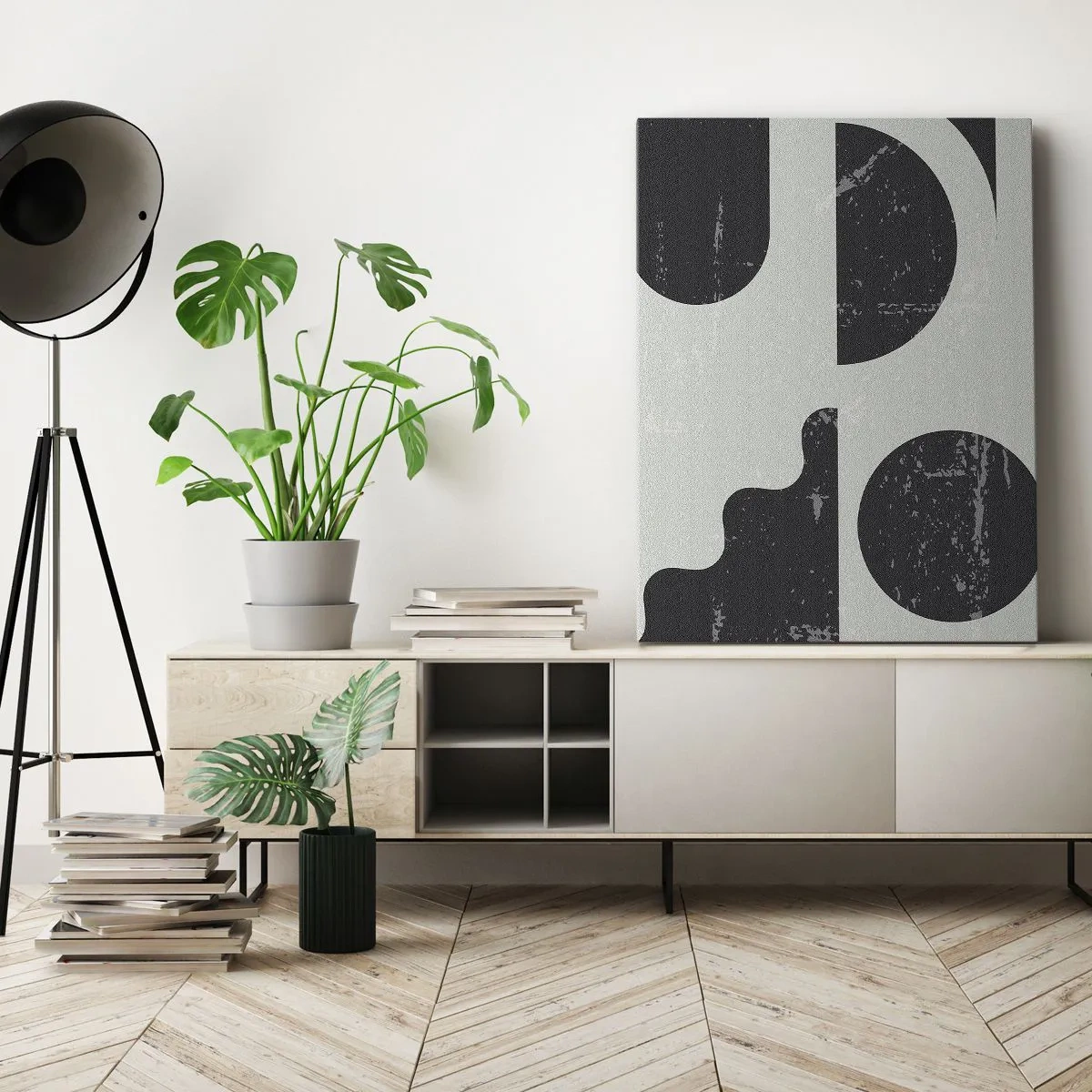 Obraz na płótnie - Abstrakcyjna kompozycja geometrycznych kształtów w czerni i beżu - 50x70cm - Kompozycja ponad i pod - Nowoczesna dekoracja ścienna do salonu, kuchni i sypialni ARTTOR