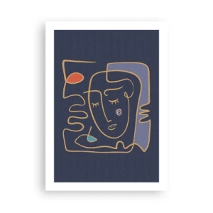 Plakat - Minimalistyczna abstrakcyjna twarz na granatowym tle w stylu line art - 50x70cm - W zamyśleniu - Nowoczesna dekoracja ścienna do salonu, kuchni i sypialni ARTTOR