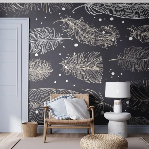 Fototapeta Premium Sand - Elegancki wzór złotych piór na ciemnym tle - 100x70cm - Pierzasta koronka - Nowoczesna dekoracja ścienna do salonu, kuchni i sypialni ARTTOR