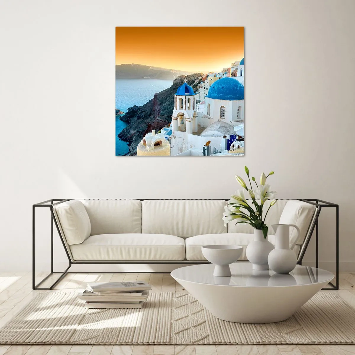 Obraz na szkle - Santorini - przytulone do skał - 30x30 cm