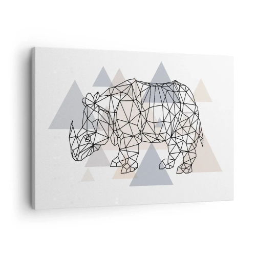 Obraz na płótnie - Geometryczny nosorożec na tle delikatnych trójkątów - 70x50cm - Struktura siły - Nowoczesna dekoracja ścienna do salonu i sypialni ARTTOR