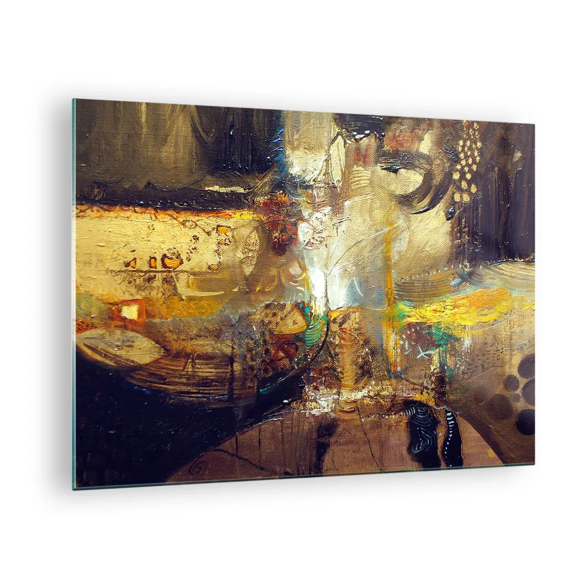 Obraz na szkle - Abstrakcyjna kompozycja w odcieniach złota i brązu - 70x50cm - Zimno, cieplej, gorąco - Nowoczesna dekoracja ścienna do salonu i sypialni ARTTOR