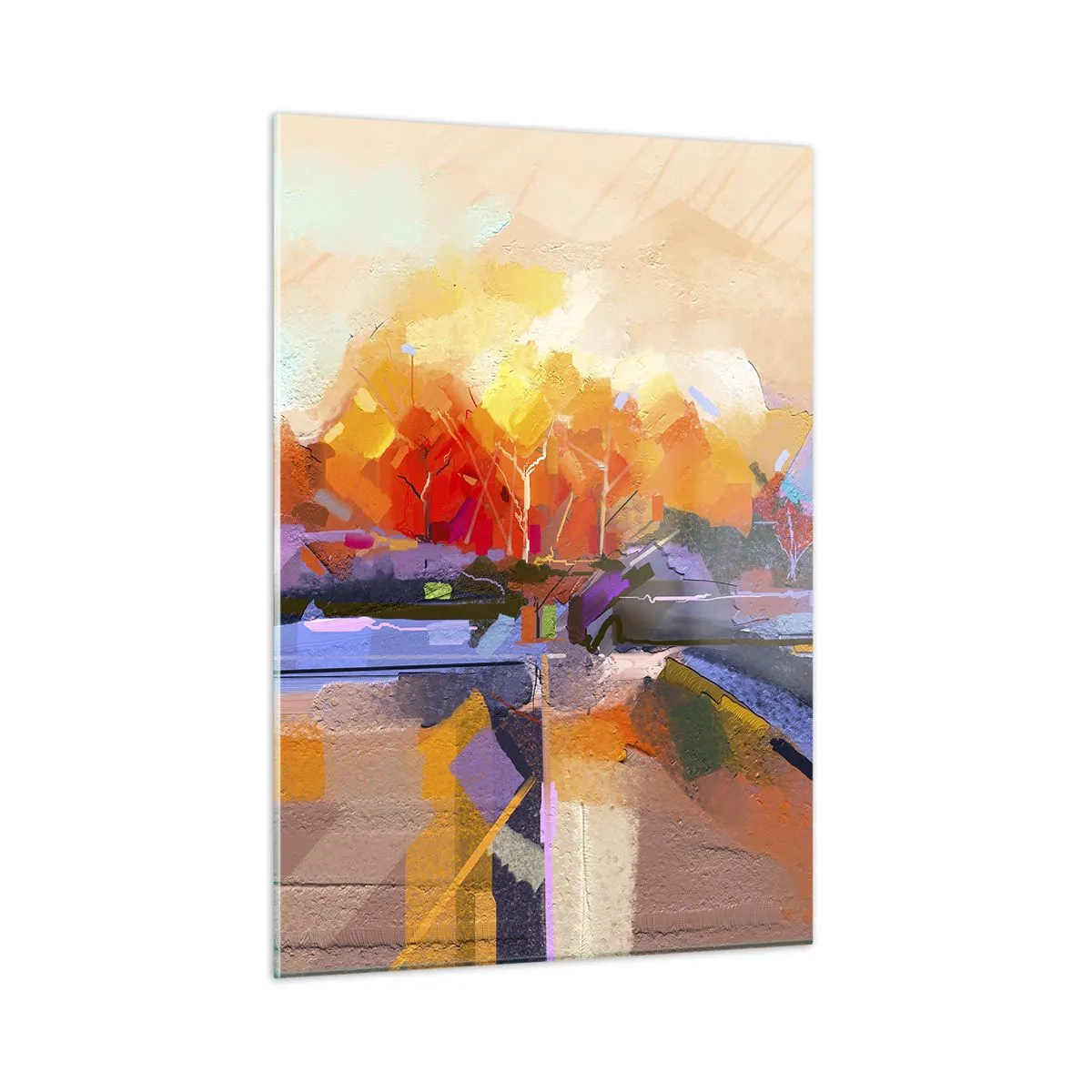 Obraz na szkle - Abstrakcyjny pejzaż z zachodem słońca i barwnymi polami - 50x70cm - Stała się jesień - Nowoczesna dekoracja ścienna do salonu, kuchni i sypialni ARTTOR