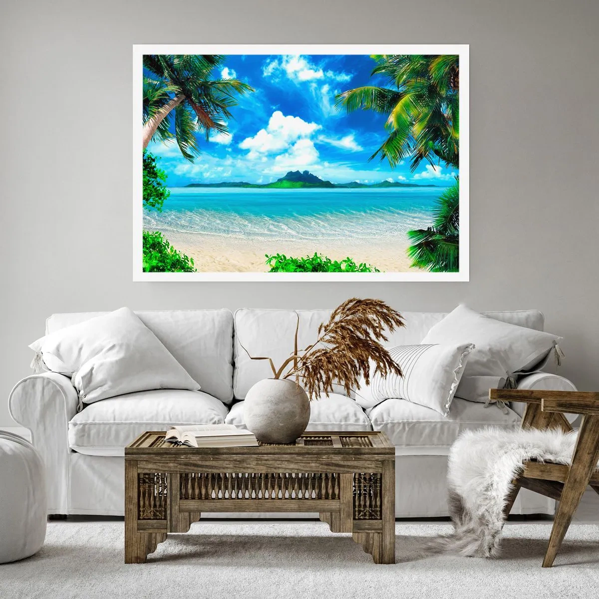 Plakat - Tropikalna plaża z palmami i widokiem na wyspę - 100x70cm - Lazur tropików - Nowoczesna dekoracja ścienna do salonu i sypialni ARTTOR