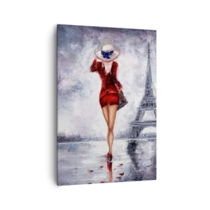 Obraz na płótnie - Kobieta w czerwonej sukni i kapeluszu na tle wieży Eiffla - 70x100cm - Paryskie symbole - Nowoczesna dekoracja ścienna do salonu i sypialni ARTTOR
