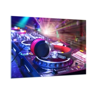 Obraz na szkle - Sprzęt DJ z kolorowymi światłami i słuchawkami - 100x70cm - Będzie, będzie się działo - Nowoczesna dekoracja ścienna do salonu, kuchni i sypialni ARTTOR