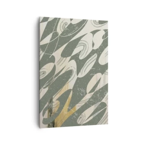 Obraz na płótnie - Dynamiczne kształty w zielonych i złotych odcieniach - 70x100cm - Abstrakcja zrytmizowana - Nowoczesna dekoracja ścienna do salonu i sypialni ARTTOR