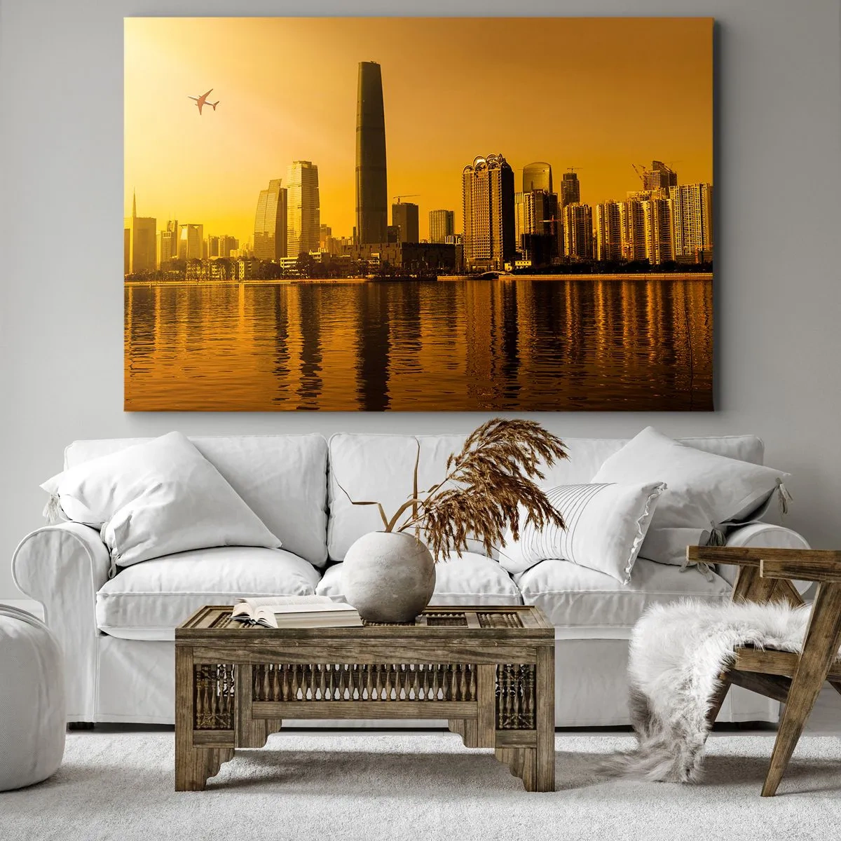 Obraz na płótnie - Panorama miasta o zachodzie słońca z wieżowcami i samolotem - 70x50cm - Złote miasto - Nowoczesna dekoracja ścienna do salonu i sypialni ARTTOR
