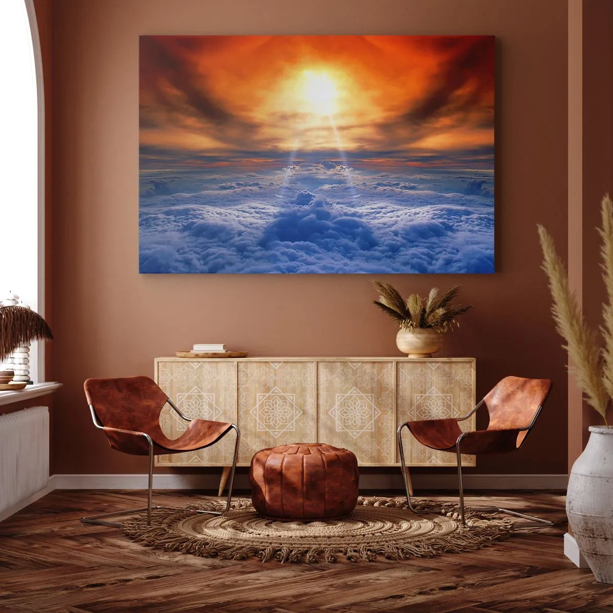 Obraz na płótnie - Zachód słońca nad chmurami, niebo pełne złotych barw i światła. - 70x50cm - Pejzaż mistyczny - Nowoczesna dekoracja ścienna do salonu i sypialni ARTTOR
