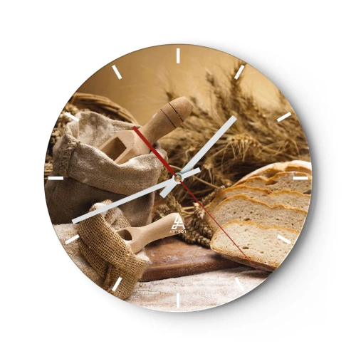 Zegar ścienny - Worek z mąką, chleb i kłosy zbóż w rustykalnym stylu - 30x30cm - Jak nożem uciął - Nowoczesna dekoracja ścienna do salonu, kuchni i sypialni ARTTOR