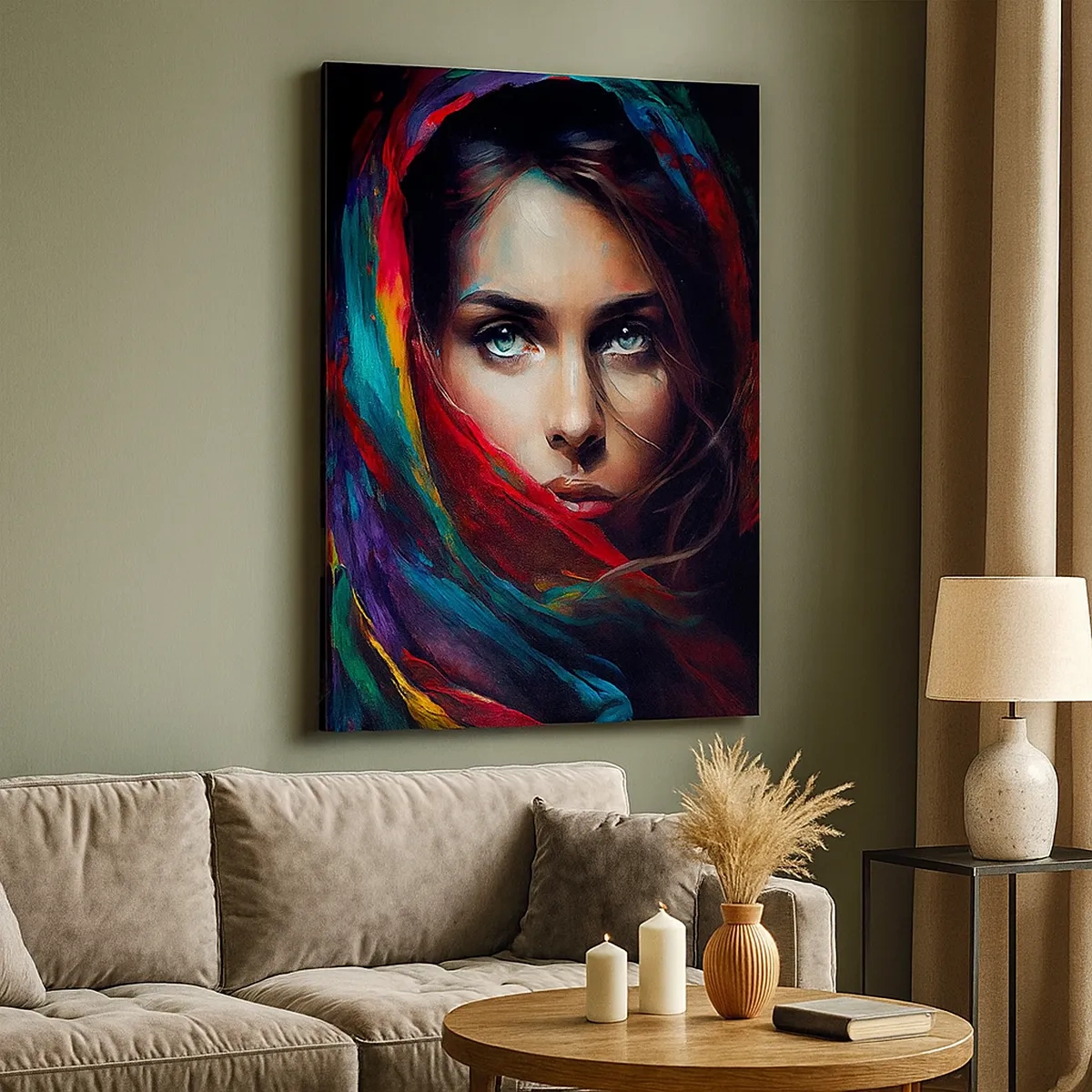 Obraz na płótnie - Portret kobiety w kolorowej chuście o intensywnych barwach - 50x70cm - Zielonooka tajemnica - Nowoczesna dekoracja ścienna do salonu, kuchni i sypialni ARTTOR