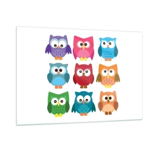 Obraz na szkle - Kolorowe sówki w rysunkowym stylu na białym tle - 120x80cm - Różnić można się zabawnie - Nowoczesna dekoracja ścienna do salonu, kuchni i sypialni ARTTOR