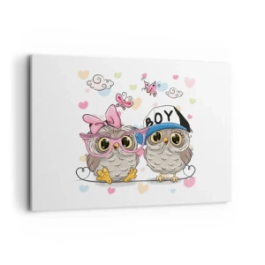 Obraz na płótnie - Dwie urocze sowy w otoczeniu serduszek - 100x70cm - Kochajmy się! - Nowoczesna dekoracja ścienna do salonu, kuchni i sypialni ARTTOR