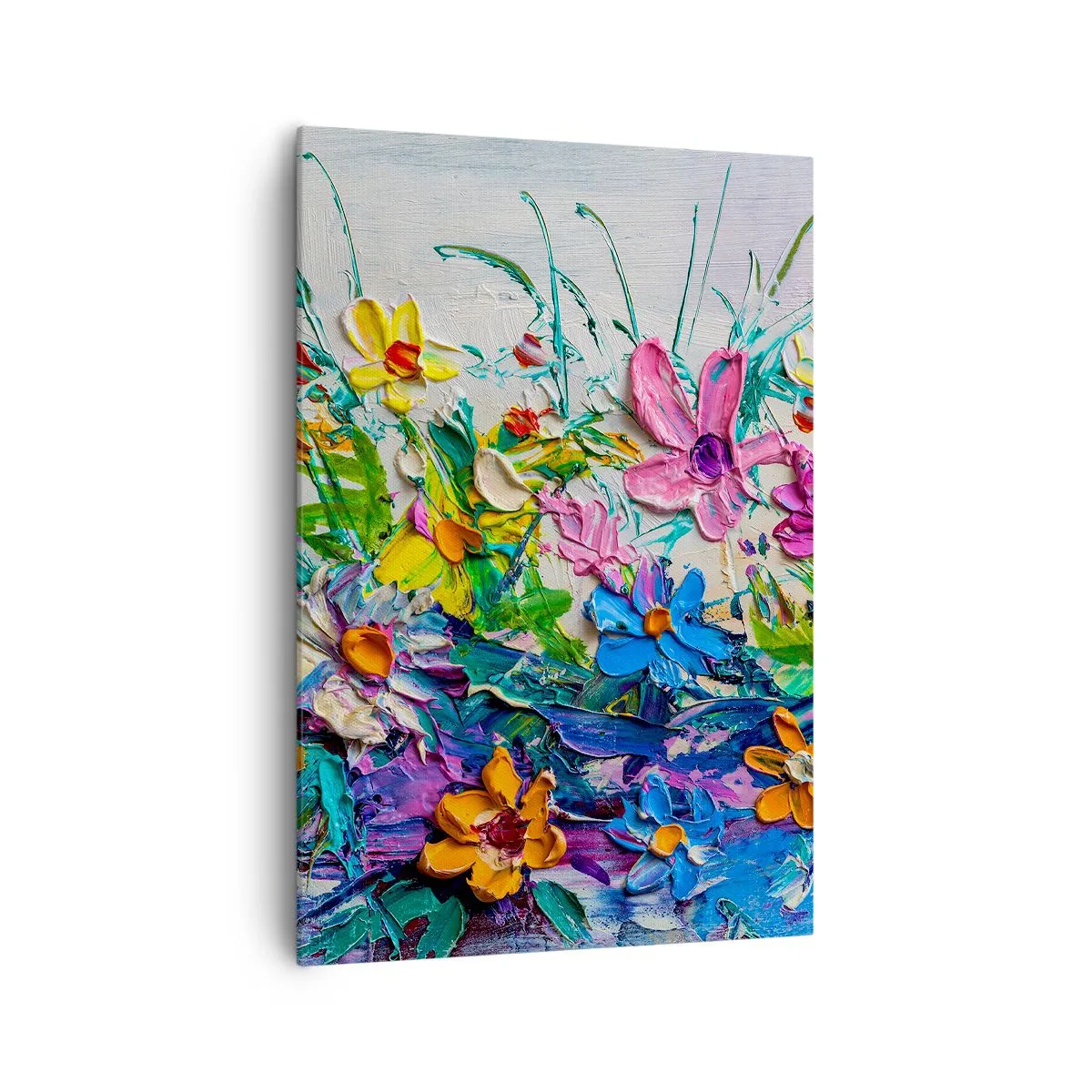 Obraz na płótnie - Kolorowy bukiet kwiatów namalowany techniką impasto - 70x100cm - Wcale nie-martwa natura - Nowoczesna dekoracja ścienna do salonu i sypialni ARTTOR