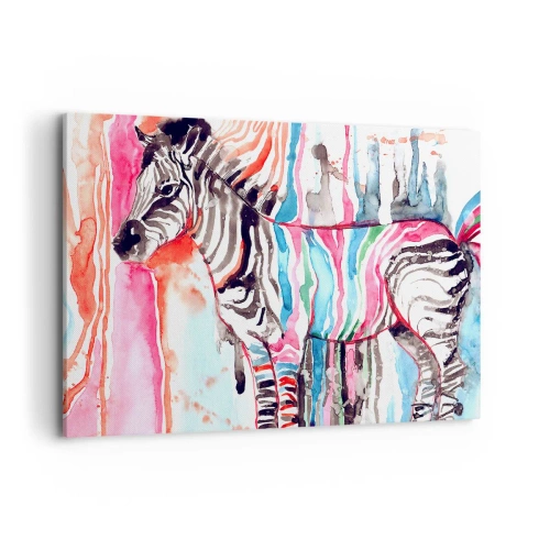 Obraz na płótnie - Kolorowa zebra na tle abstrakcyjnych akwarelowych wzorów - 120x80cm - Beztroski żart natury - Nowoczesna dekoracja ścienna do salonu, kuchni i sypialni ARTTOR