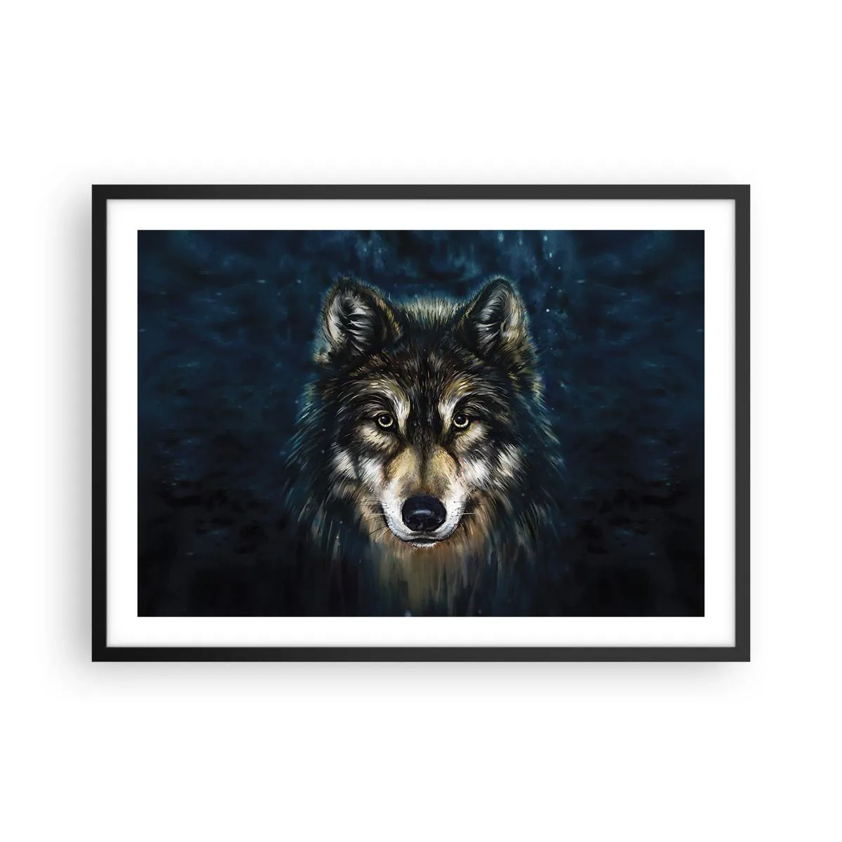 Plakat w czarnej ramie - Portret wilka na ciemnym tle w odcieniach niebieskiego - 70x50cm - Alfa? I omega - Nowoczesna dekoracja ścienna do salonu i sypialni ARTTOR