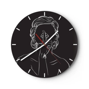 Zegar ścienny - Biała konturowa postać kobiety z palcem przy ustach na czarnym tle - 30x30cm - Piękno rozkwita w ciszy - Nowoczesna dekoracja ścienna do salonu, kuchni i sypialni ARTTOR