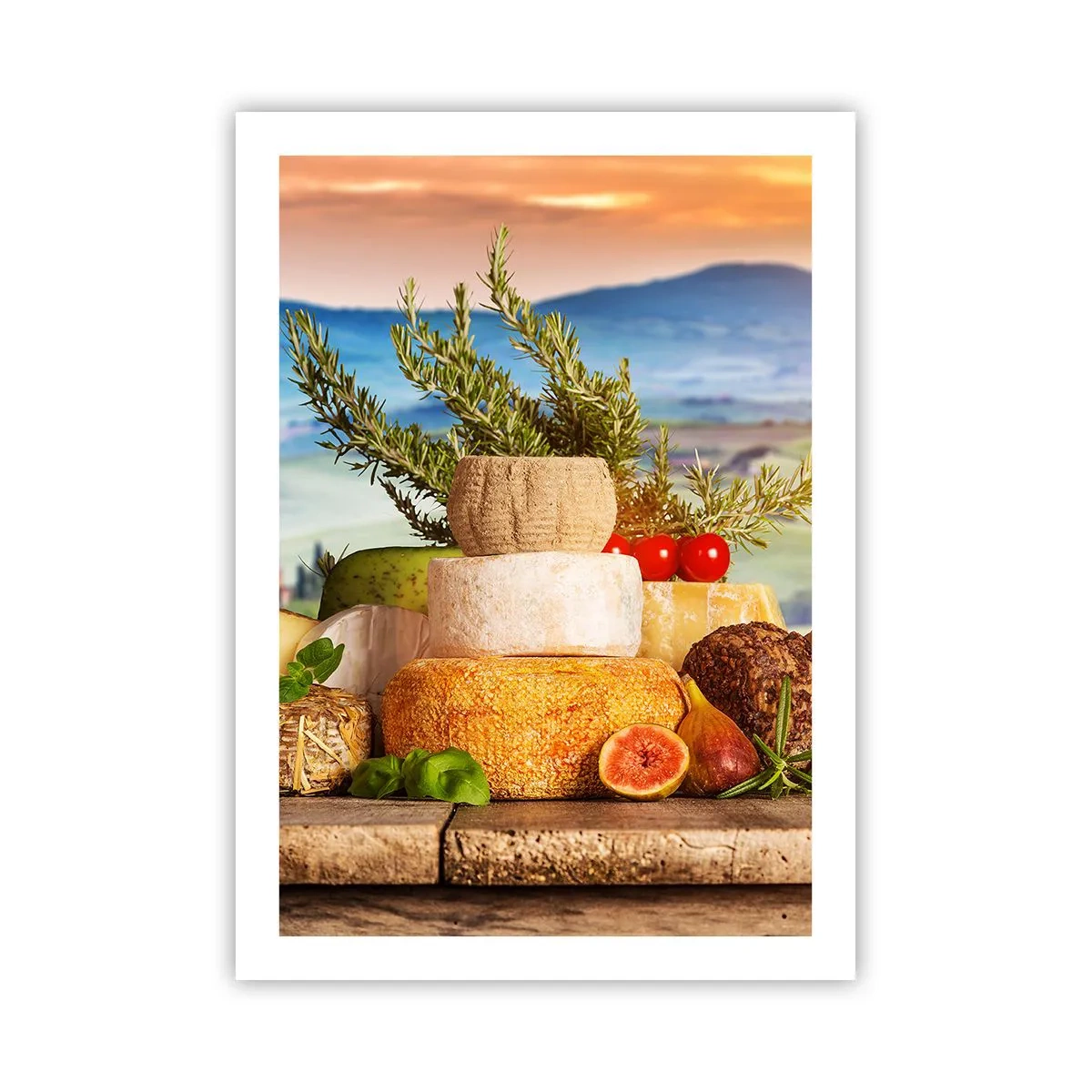 Plakat - Rustykalny stos serów na tle krajobrazu - 50x70cm - Włoska radość życia - Nowoczesna dekoracja ścienna do salonu, kuchni i sypialni ARTTOR