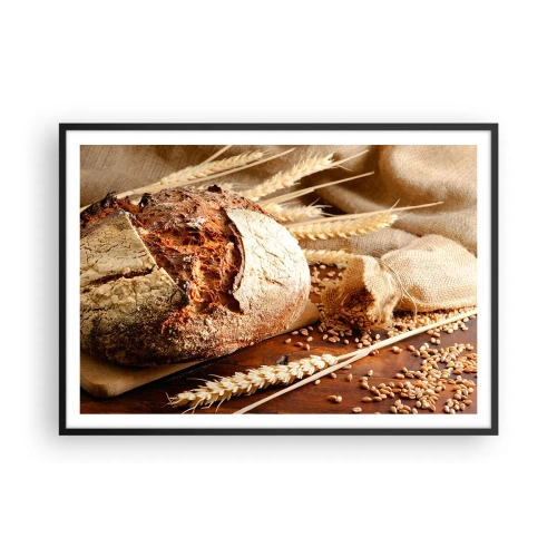 Plakat w czarnej ramie - Chrupiący chleb z ziarnami i kłosami pszenicy na drewnianym tle - 100x70cm - Apetyczny, wonny, chrupiący - Nowoczesna dekoracja ścienna do salonu i sypialni ARTTOR