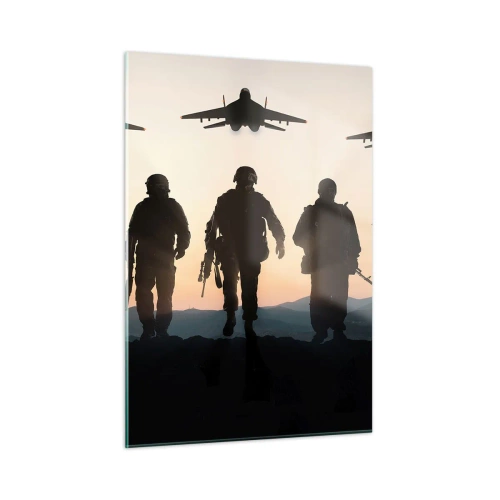 Obraz na szkle - Żołnierze na tle zachodzącego słońca i odrzutowce - 50x70cm - Witaj w naszym świecie - Nowoczesna dekoracja ścienna do salonu, kuchni i sypialni ARTTOR