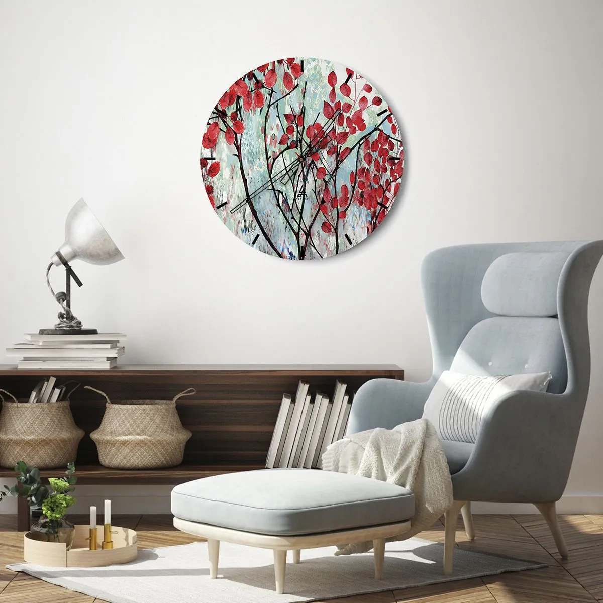 Zegar ścienny - Gałęzie z czerwonymi liśćmi na malarskim tle - 30x30cm - Drzewo w szkarłacie - Nowoczesna dekoracja ścienna do salonu, kuchni i sypialni ARTTOR