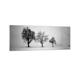 Obraz na szkle - Trzy drzewa na zaśnieżonym polu w monochromatycznym stylu - 140x50cm - O czym śnią? - Nowoczesna dekoracja ścienna do salonu i sypialni ARTTOR
