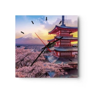 Zegar ścienny - Pagoda w Japonii z kwitnącymi wiśniami i górą Fuji - 30x30cm - Esencja japońskiego ducha - Nowoczesna dekoracja ścienna do salonu i sypialni ARTTOR