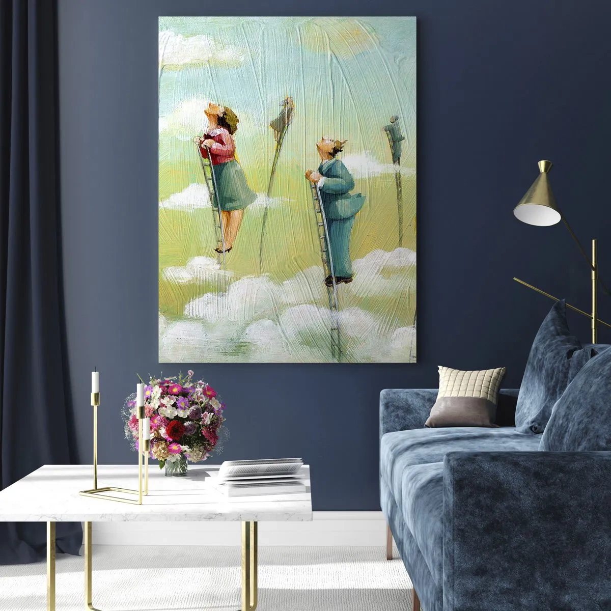 Obraz na szkle - Postacie wspinające się po drabinach wśród chmur - 50x70cm - Za swoim marzeniem - Nowoczesna dekoracja ścienna do salonu, kuchni i sypialni ARTTOR