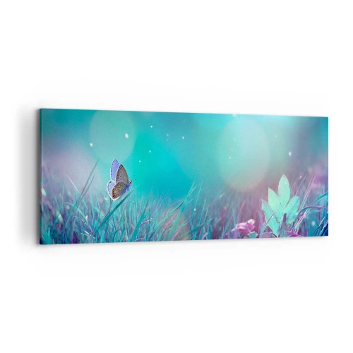 Obraz na płótnie - Motyl na trawie w świetle rozmytych refleksów - 120x50cm - Sekretne życie łąki - Nowoczesna dekoracja ścienna do salonu i sypialni ARTTOR
