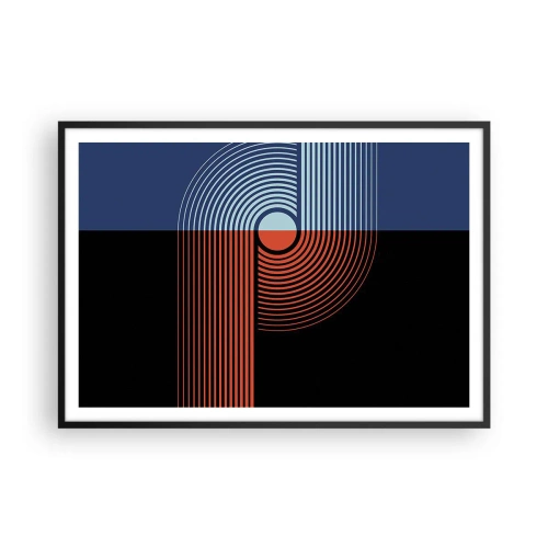Plakat w czarnej ramie - Geometryczna abstrakcja z liniami w kolorach granatu i pomarańczu - 100x70cm - W geometrycznym uścisku - Nowoczesna dekoracja ścienna do salonu i sypialni ARTTOR
