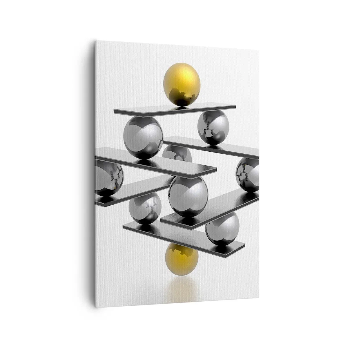 Obraz na płótnie - Geometryczna kompozycja z metalowymi kulami i złotym akcentem - 70x100cm - Złoto-srebrna równowaga - Nowoczesna dekoracja ścienna do salonu i sypialni ARTTOR
