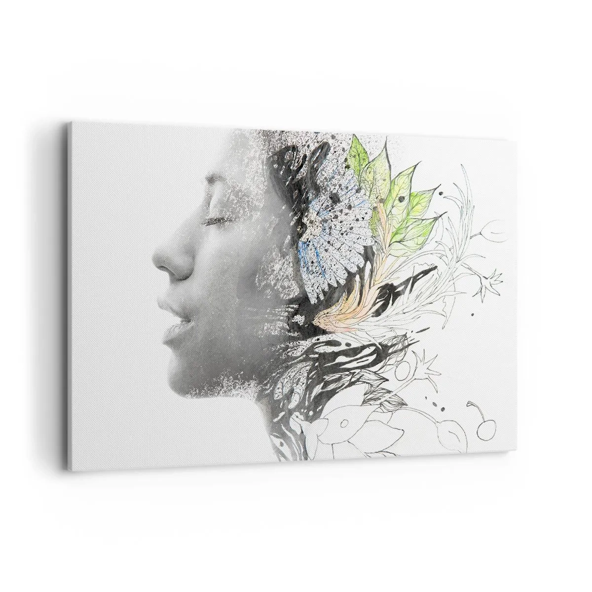 Obraz na płótnie - Profil kobiety w artystycznym kolażu natury i czerni - 120x80cm - Zanurzona w naturze - Nowoczesna dekoracja ścienna do salonu, kuchni i sypialni ARTTOR