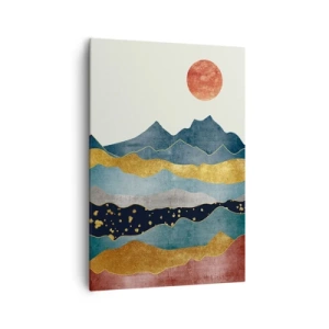 Obraz na płótnie - Abstrakcyjne góry w odcieniach niebieskiego, złota i czerwieni z zachodzącym słońcem - 70x100cm - Przekrój świata - Nowoczesna dekoracja ścienna do salonu i sypialni ARTTOR