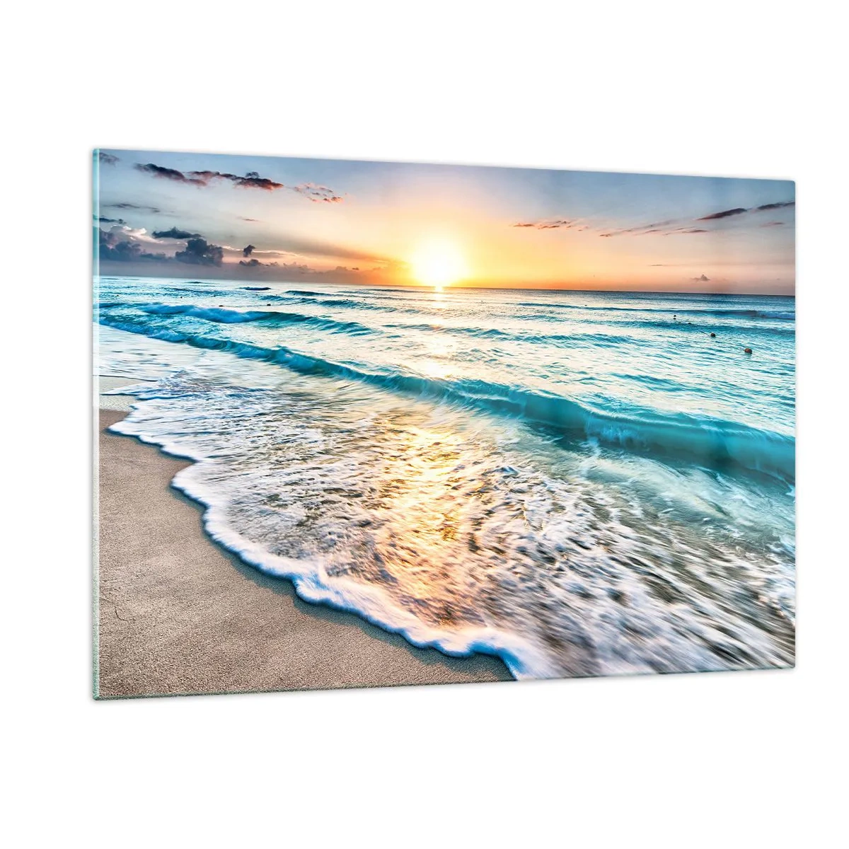 Obraz na szkle - Plaża o poranku z falami i wschodem słońca - 120x80cm - Widok wart zachodu - Nowoczesna dekoracja ścienna do salonu, kuchni i sypialni ARTTOR