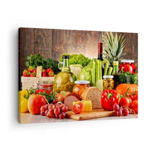 Obraz na płótnie - Kolorowe owoce, warzywa i produkty spożywcze - 70x50cm - Wędzone, pieczone, marynowane - Nowoczesna dekoracja ścienna do salonu i sypialni ARTTOR