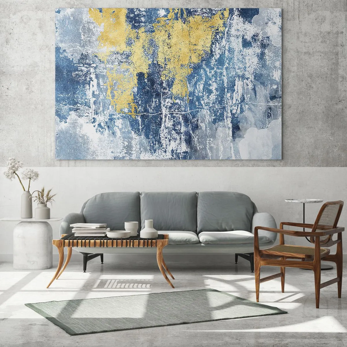 Obraz na szkle - Niebiesko-żółta abstrakcja z efektem przetarć i tekstury - 100x70cm - Abstrakcja pełna pogody - Nowoczesna dekoracja ścienna do salonu, kuchni i sypialni ARTTOR