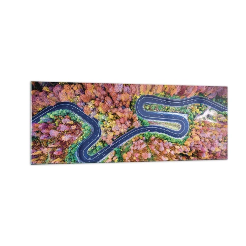 Obraz na szkle - Kręta droga w jesiennym lesie widziana z lotu ptaka - 140x50cm - Krętą drogą poprzez las - Nowoczesna dekoracja ścienna do salonu i sypialni ARTTOR