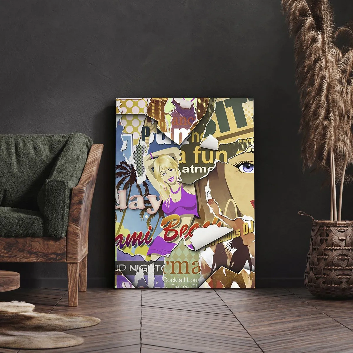 Obraz na płótnie - Kolorowy kolaż z elementami retro i pop-art - 70x100cm - Wakacyjne retrospekcje - Nowoczesna dekoracja ścienna do salonu i sypialni ARTTOR