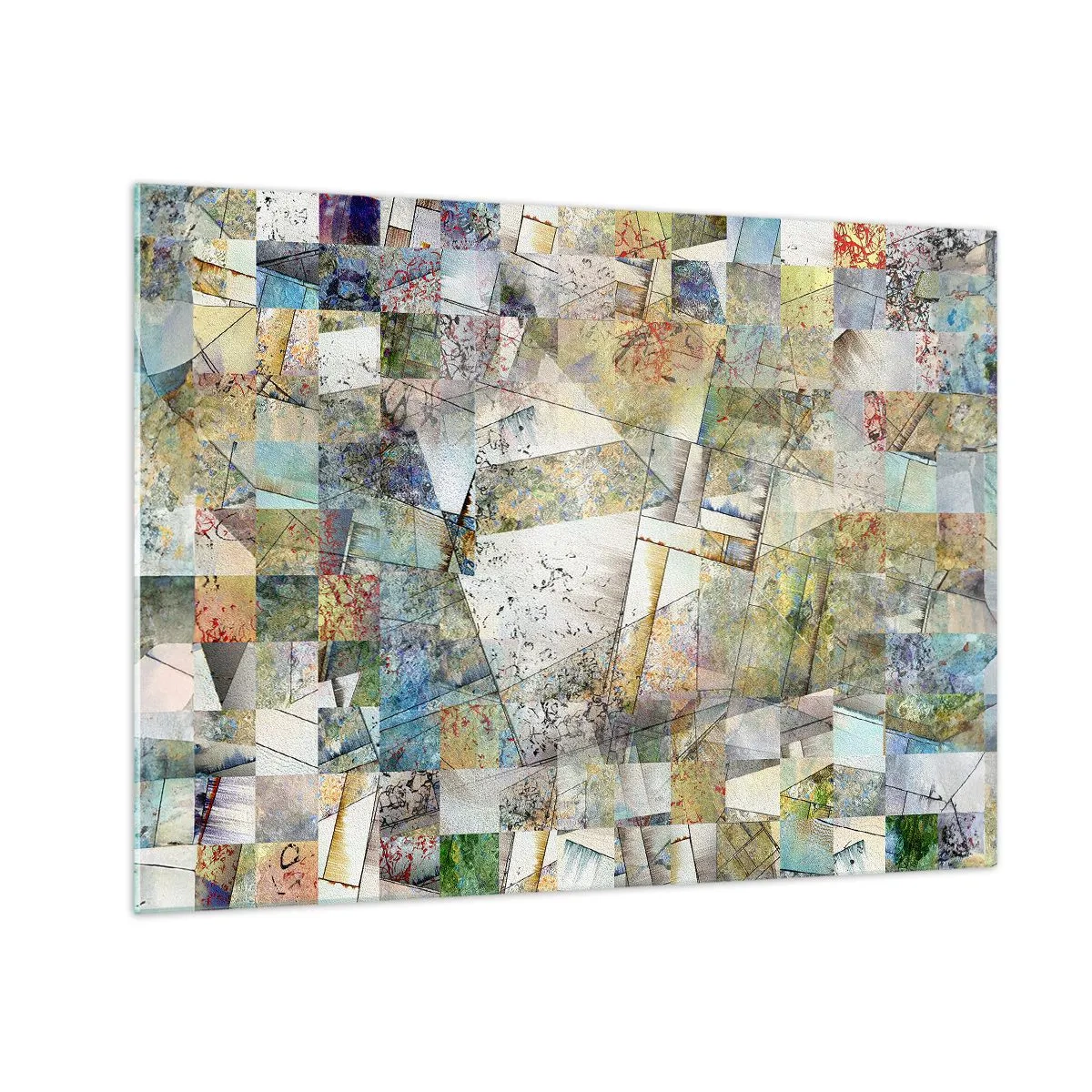 Obraz na szkle - Kolorowa kompozycja z pofragmentowanych geometrycznych kształtów - 70x50cm - Geometryczne przetasowanie - Nowoczesna dekoracja ścienna do salonu i sypialni ARTTOR