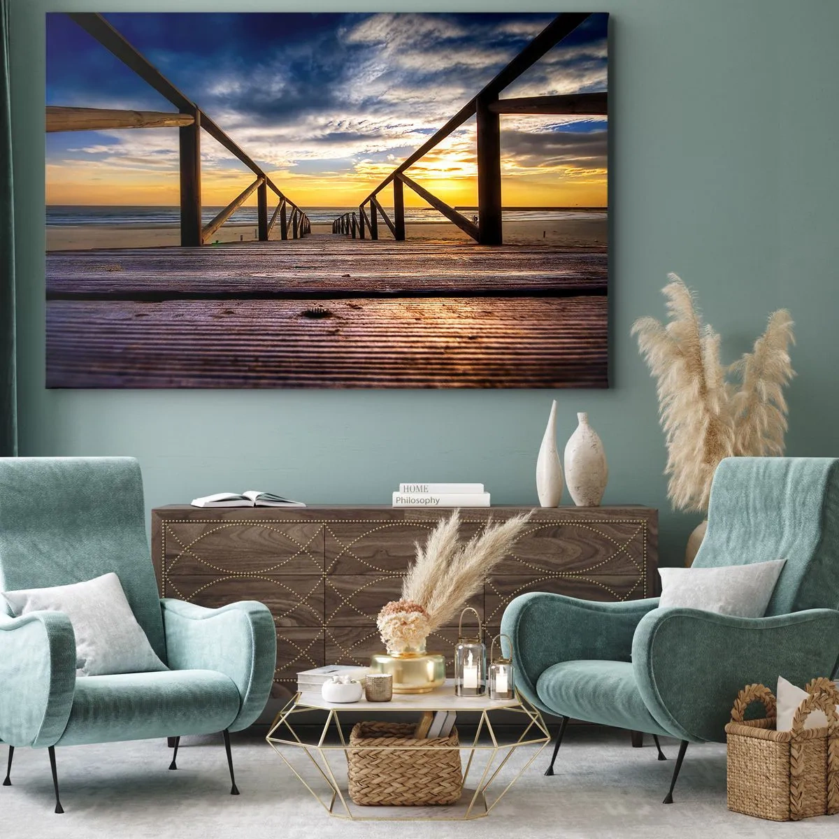 Obraz na płótnie - Drewniany pomost prowadzący na plażę o zachodzie słońca - 70x50cm - Prosto na cichą plażę o zachodzie słońca - Nowoczesna dekoracja ścienna do salonu i sypialni ARTTOR