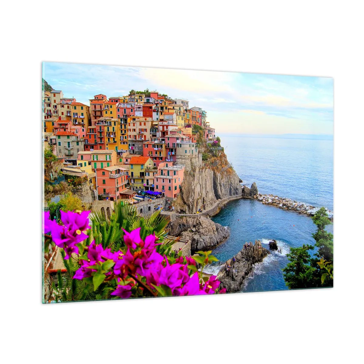 Obraz na szkle - Kolorowe domy na klifie z widokiem na morze - 100x70cm - Śmiejące się miasto - Nowoczesna dekoracja ścienna do salonu, kuchni i sypialni ARTTOR