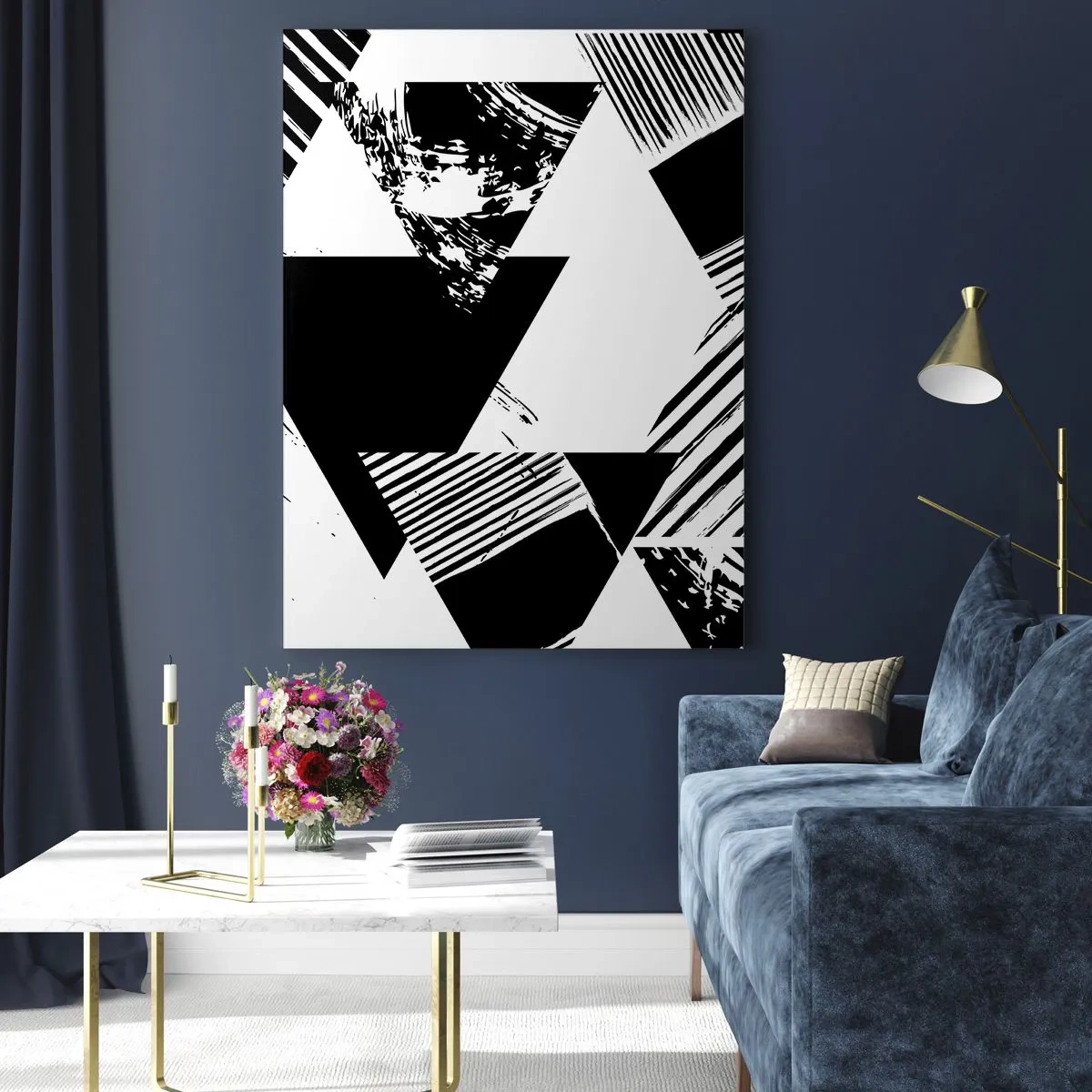 Obraz na szkle - Czarno-białe geometryczne wzory z motywem trójkątów - 50x70cm - Deszcz trójkątów - Nowoczesna dekoracja ścienna do salonu, kuchni i sypialni ARTTOR