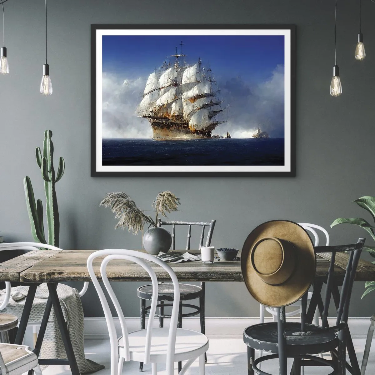 Plakat w czarnej ramie - Żaglowiec na otwartym morzu pod błękitnym niebem - 70x50cm - The great glory! - Nowoczesna dekoracja ścienna do salonu i sypialni ARTTOR